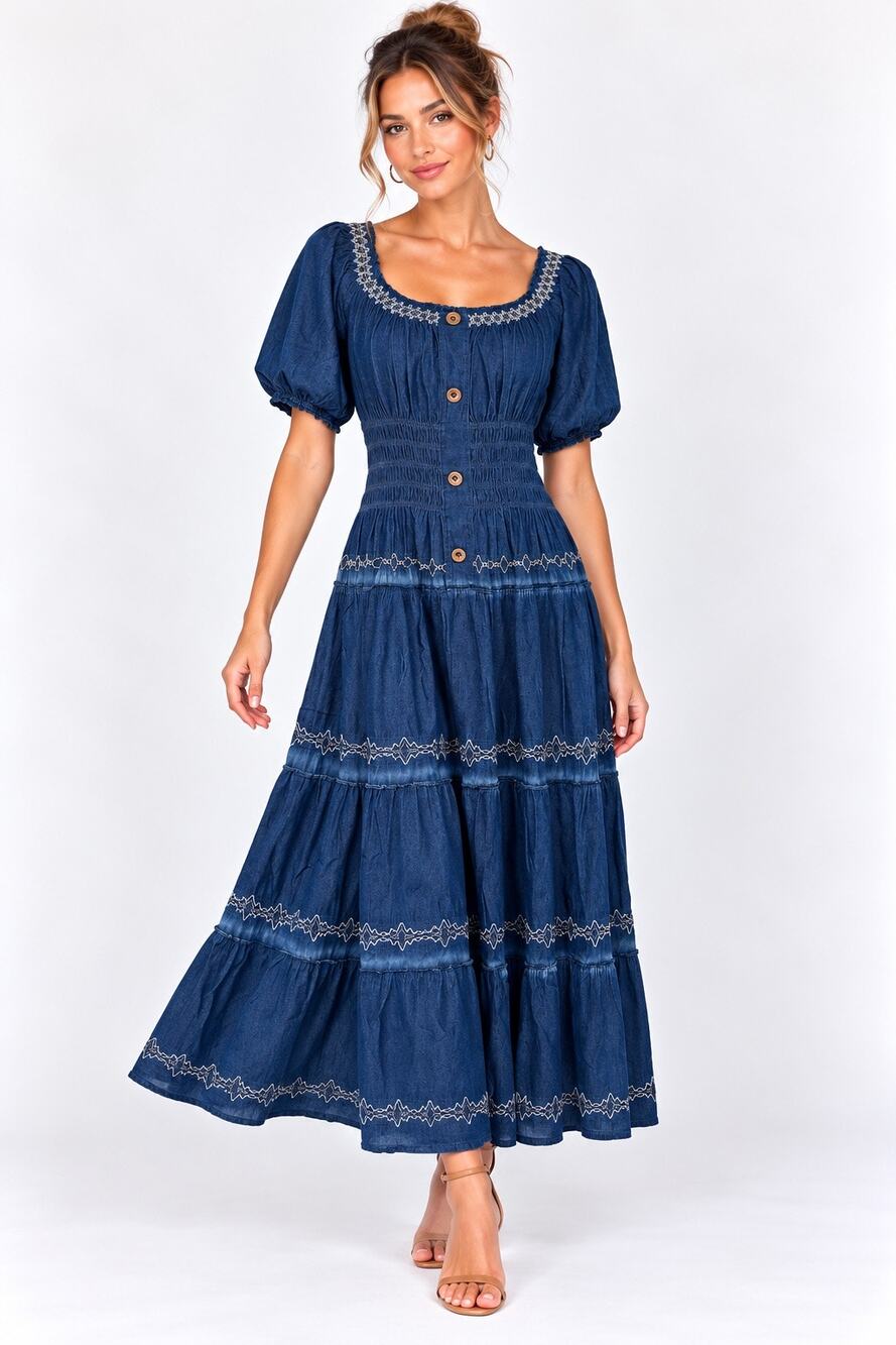 NWT Indigo & Lace Embroidered Smocked Waist Short Sleeve Milkmaid Maxi Dress